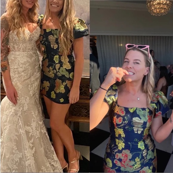 Navy Blue and Green Multi Floral Jacquard Puff Sleeve Mini Dress 🌿 - Picture 7 of 11